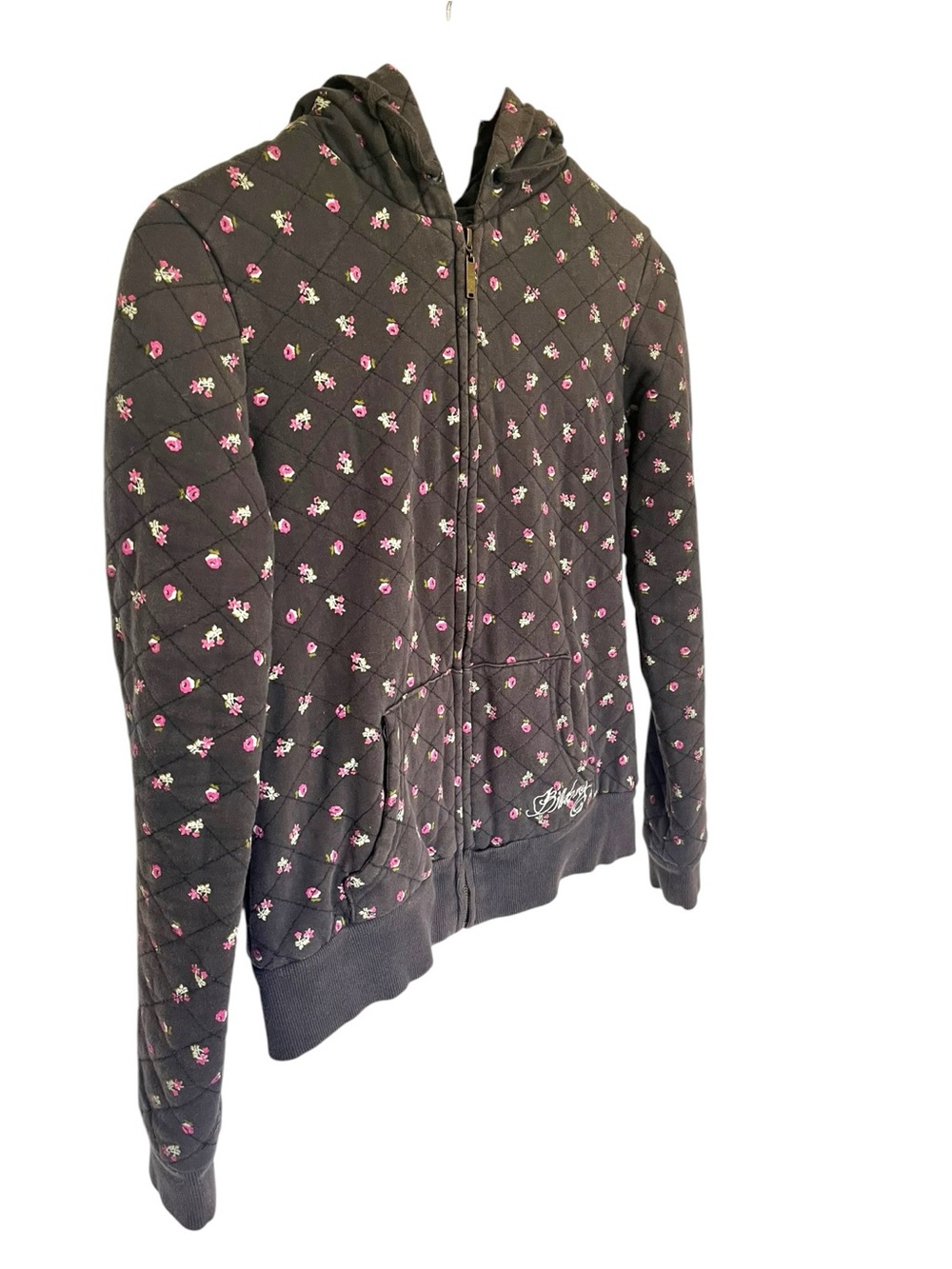 Billabong Quilted Hooded lined Zip-Up Sweatshirt with Pink Floral Print Sz L
